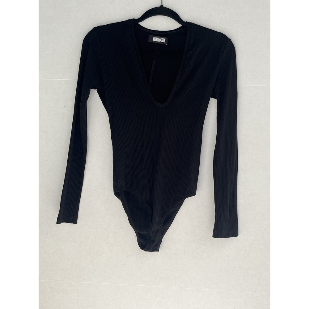 Reformation Womens Bodysuit Black Knit Ribbed Long Sleeve V-Neck Pull‎ On Size S